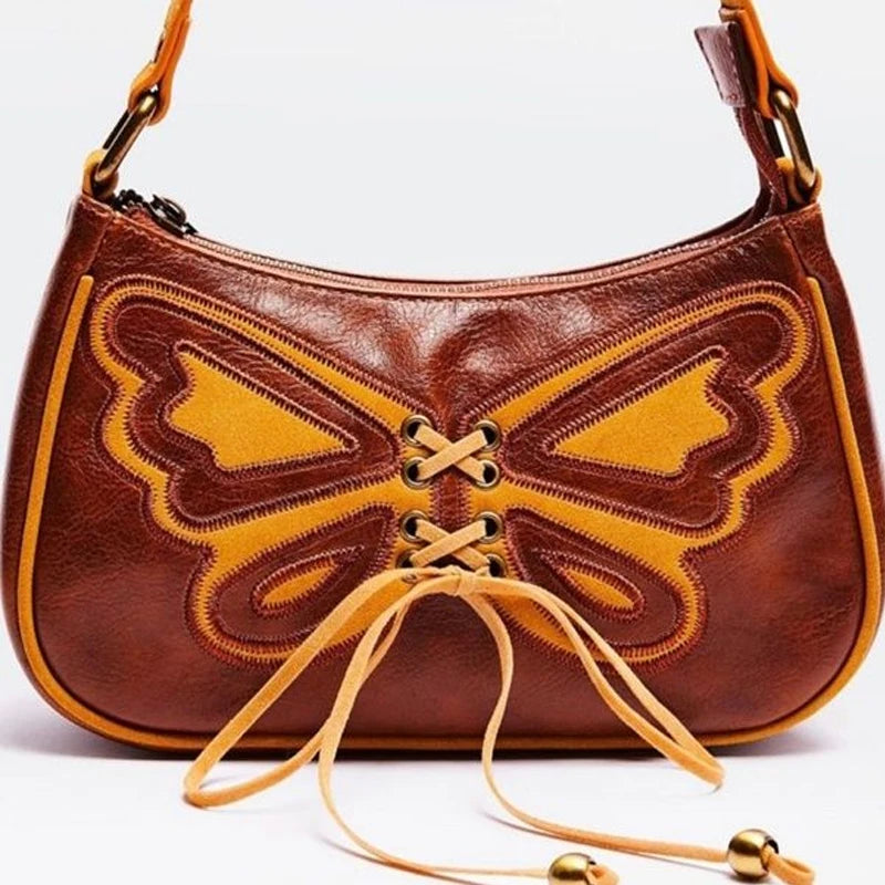 Delias Vintage Bag Girls Y2k Brown Butterfly Bow PU Leather Handbag
