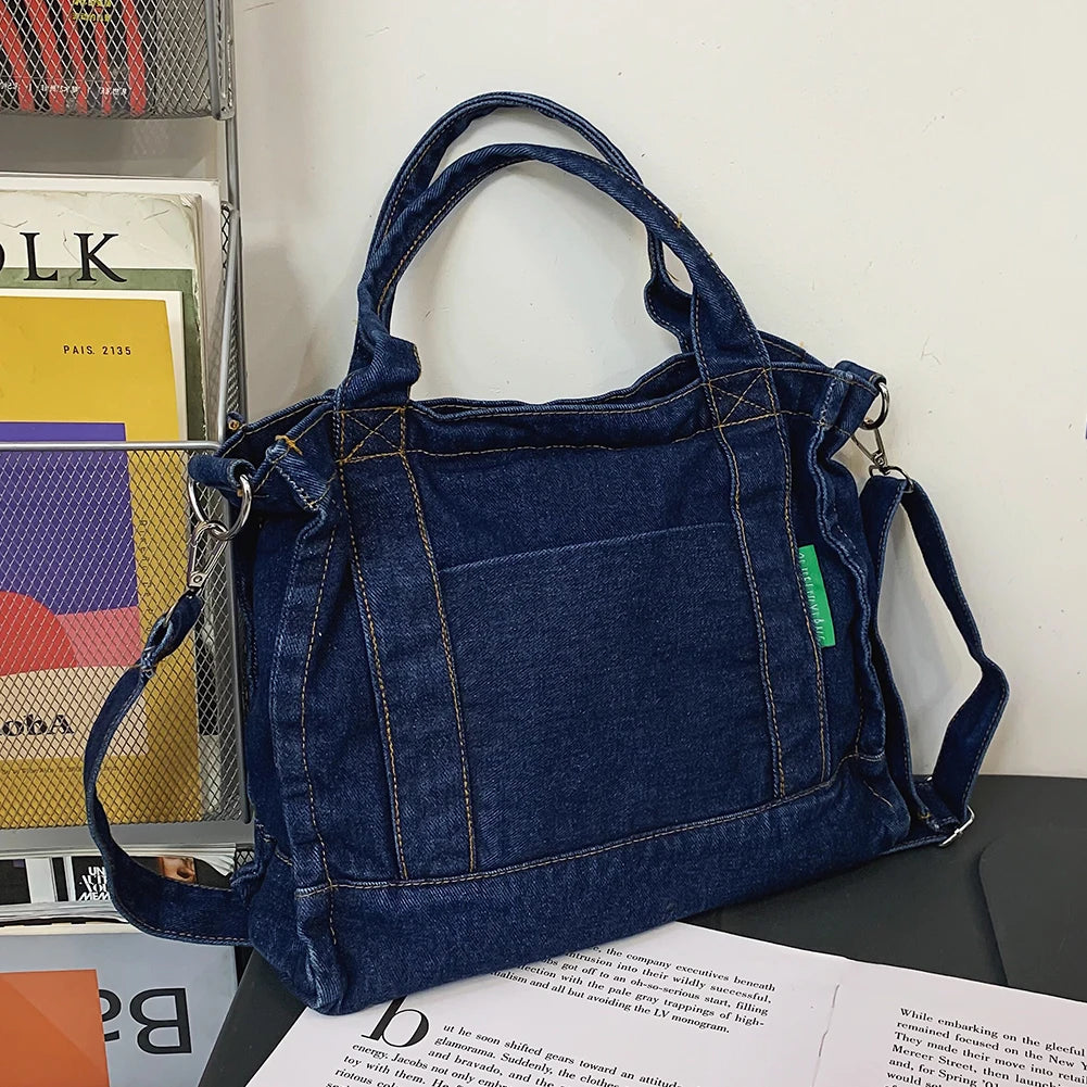 Denim Shoulder Bag Students Book Bag Casual Large Capacity Adjustable Strap