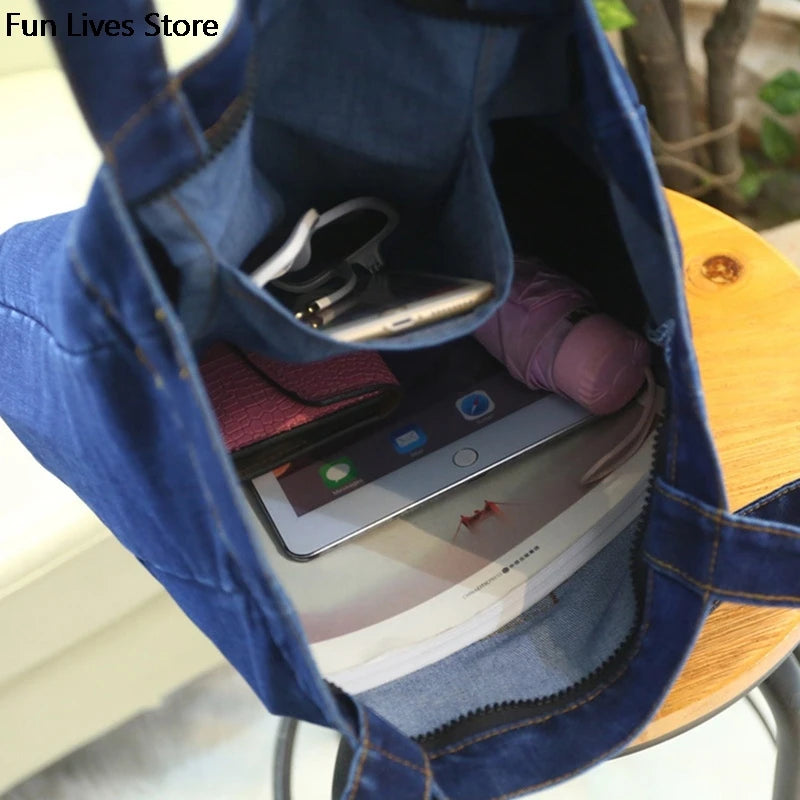 Denim Shoulder Tote Women Handbag Large Capacity Purse