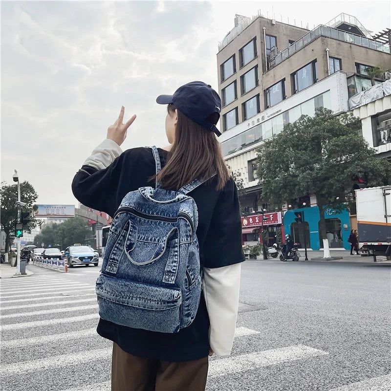 Denim Women Backpack Retro Travel Bagpack Large Capacity