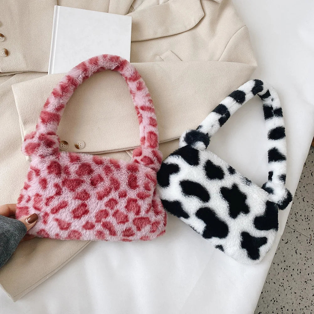 Leopard Shoulder Bag Winter Furry Ladies Clutch Purse Handbag Tote Bags