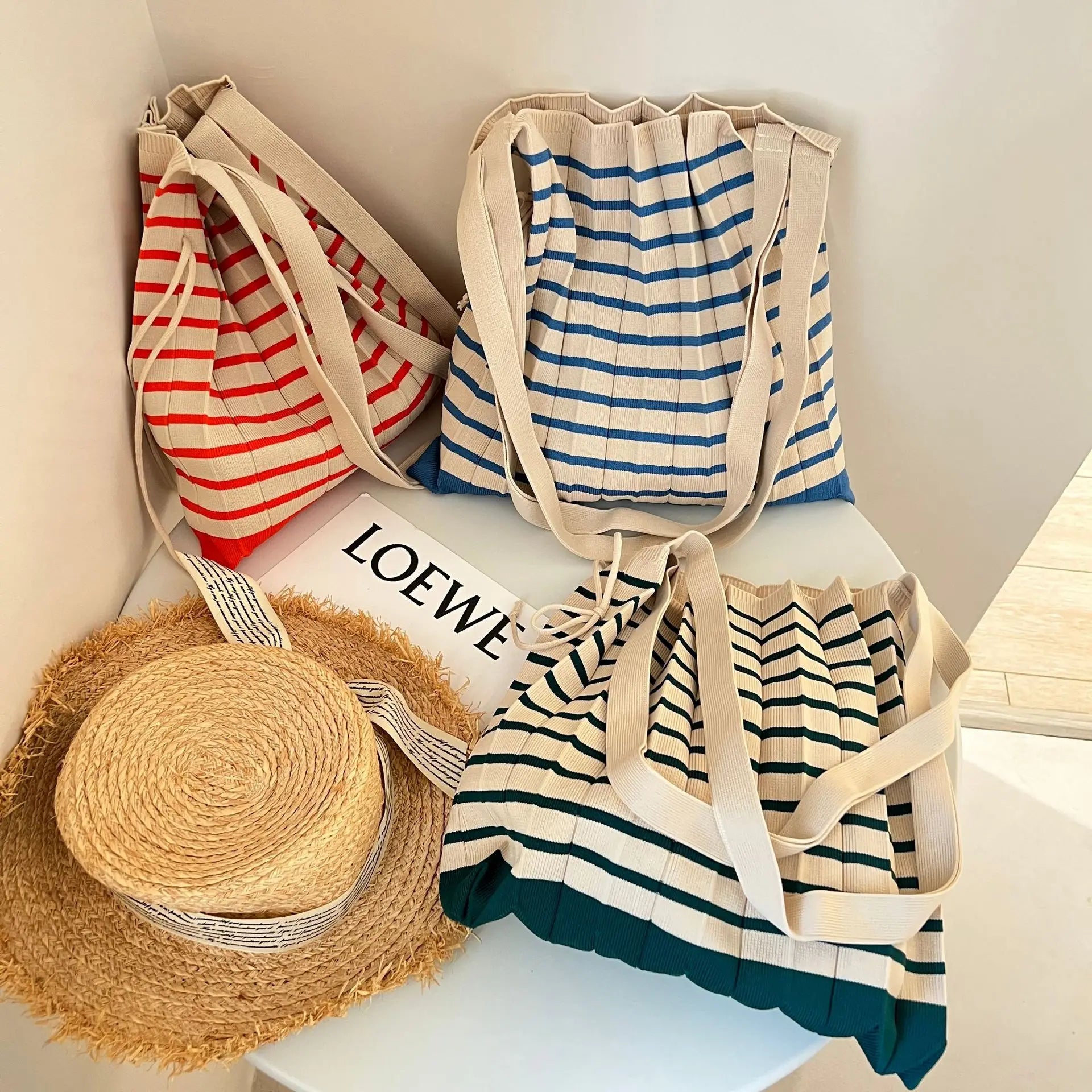 Vintage Striped Shoulder Bag Knitted Foldable Tote