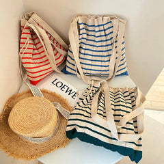 Vintage Striped Shoulder Bag Knitted Foldable Tote