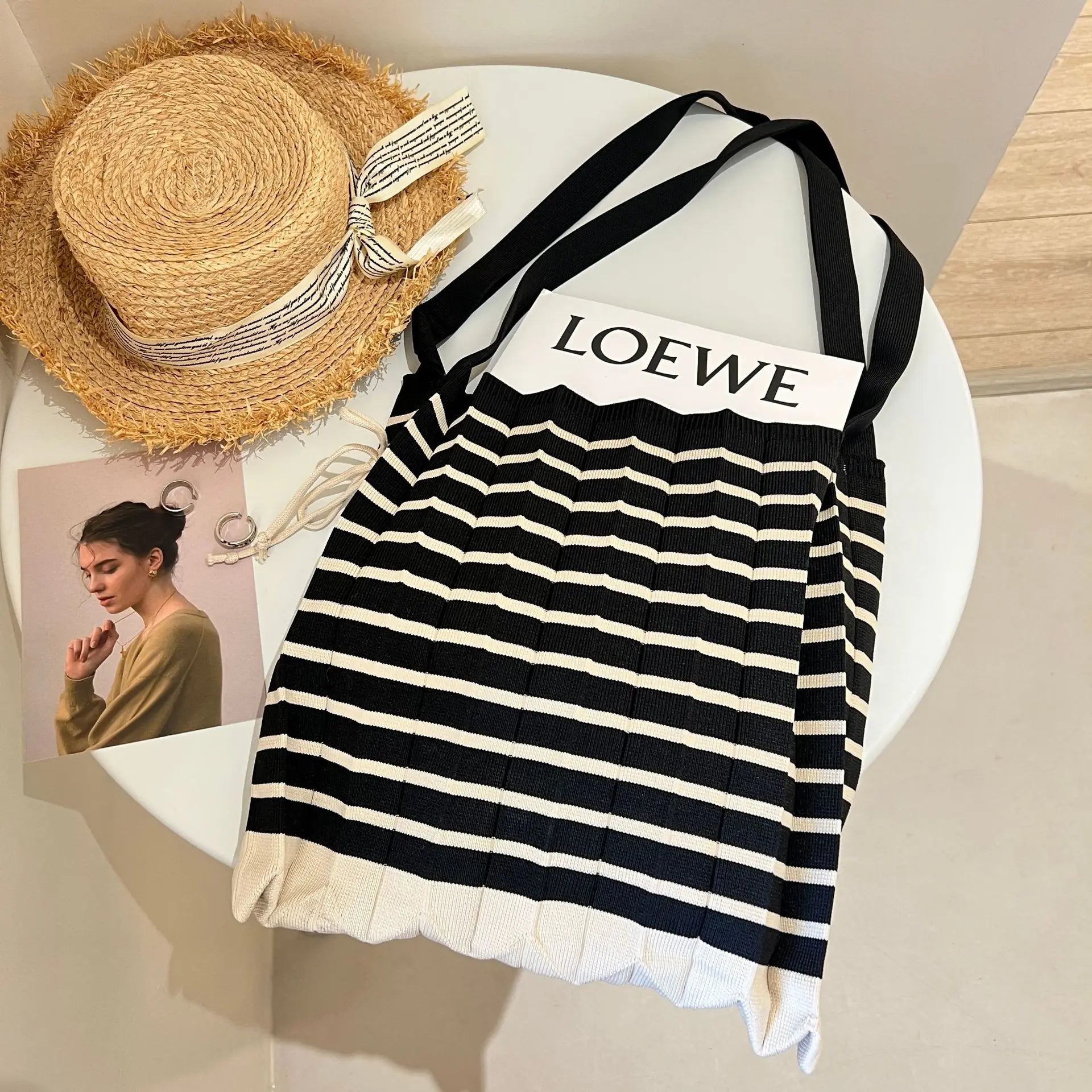 Vintage Striped Shoulder Bag Knitted Foldable Tote