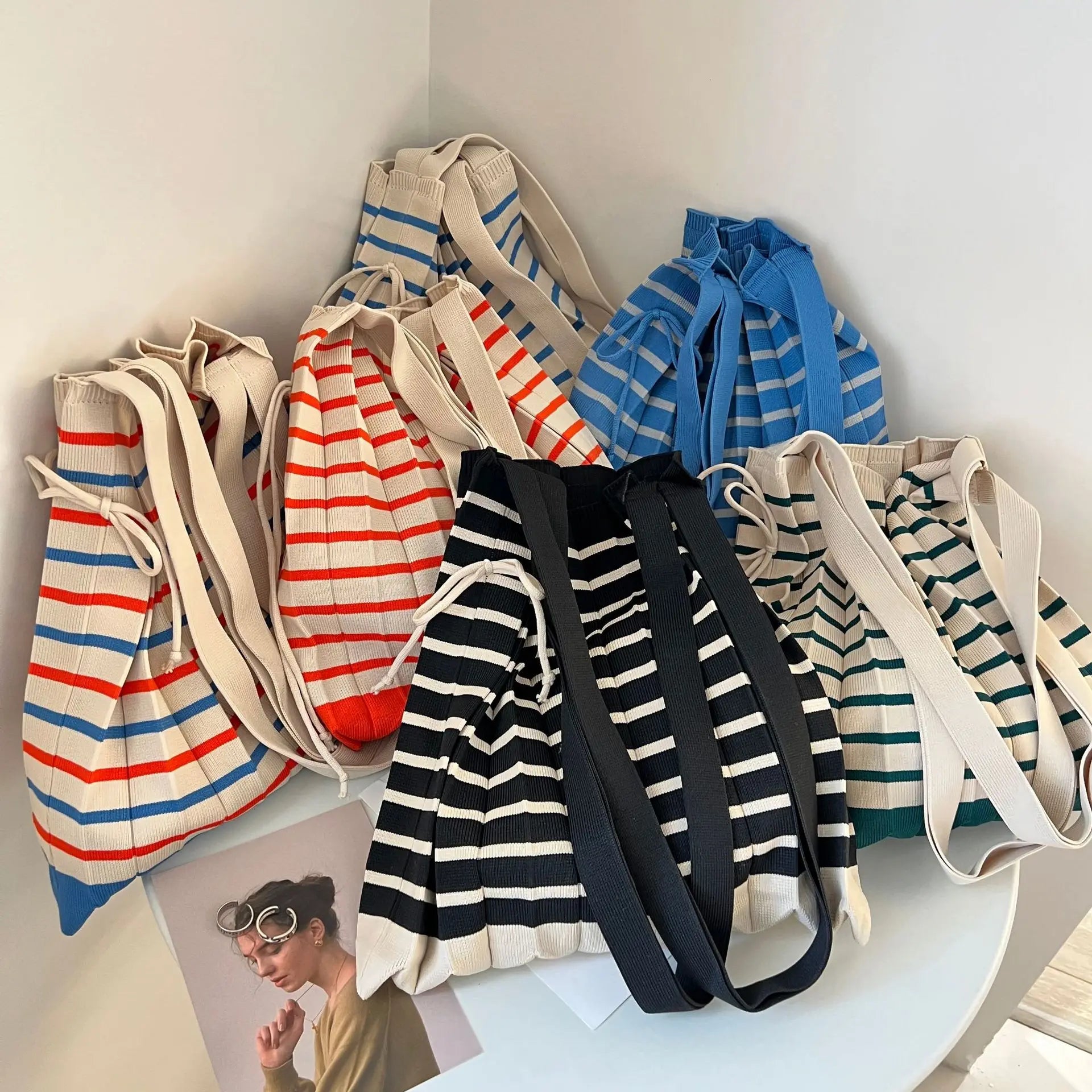 Vintage Striped Shoulder Bag Knitted Foldable Tote