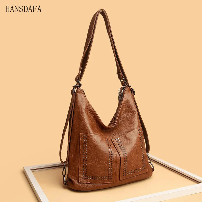 3 IN 1 Rivet Soft PU Leather Shoulder Messenger Bags Large Capacity Women's Hand