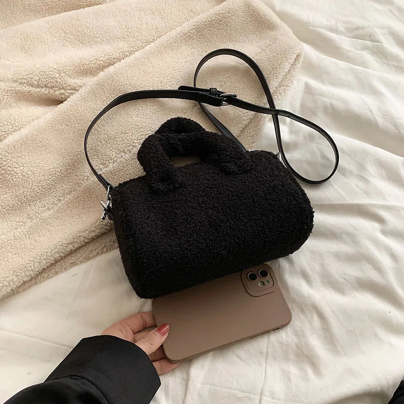 Pink Plush Women's Shoulder Bag Soft Fluffy Handle Tote Bag