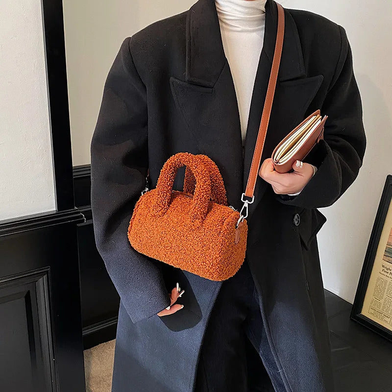 Pink Plush Women's Shoulder Bag Soft Fluffy Handle Tote Bag