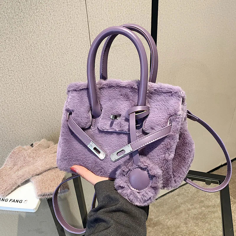 Plush Fabric Women's Shoulder Crossbody Bag Faux Lambs Wool Fluffy Fur Winter