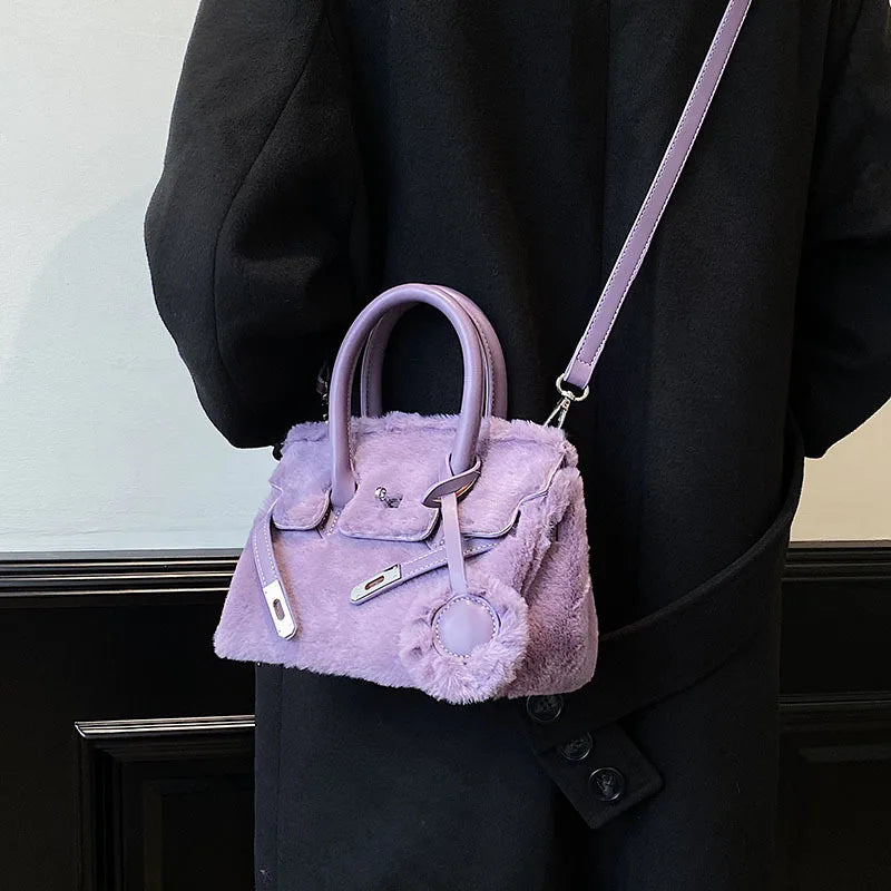 Plush Fabric Women's Shoulder Crossbody Bag Faux Lambs Wool Fluffy Fur Winter