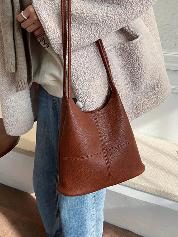 Women's Pu Leather Bucket Shoulder Bag Large Capacity Casual Solid