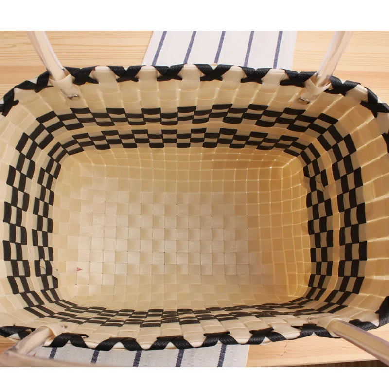 Hand Woven Shopping Basket Plaid Beach Tote Female