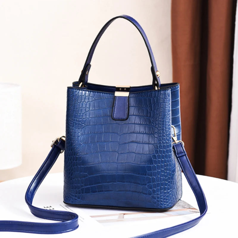 Women Handbag PU Leather Bucket Bag Stone Pattern Shoulder Messenger Bag