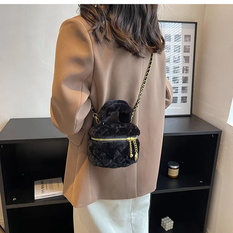 Plush Diamond Lattice Chain Purse - Small Fur Handbag