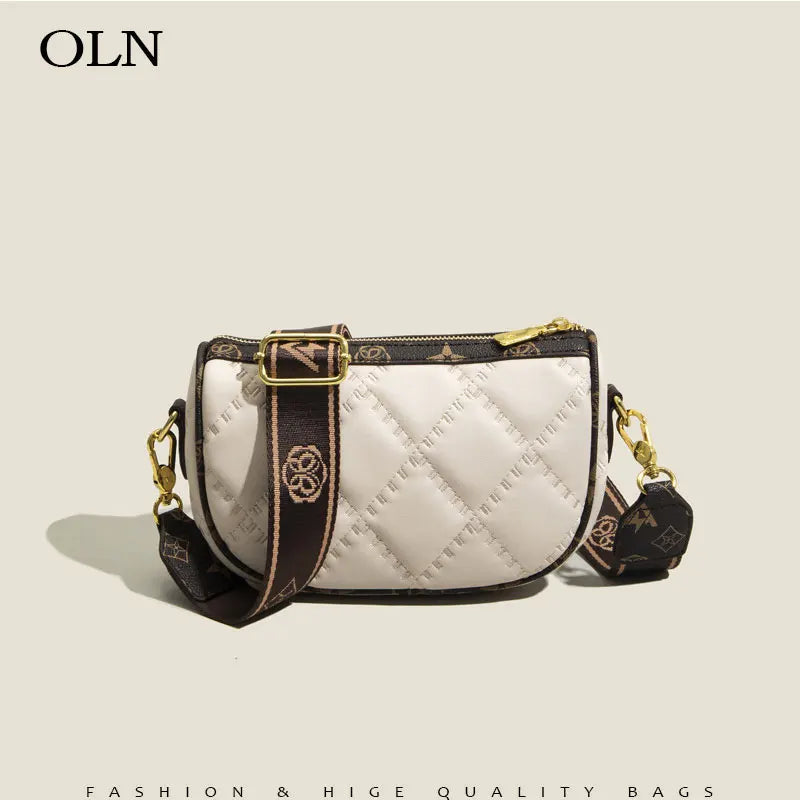 Beige Diamond Lattice Shoulder Bag with Wide Strap