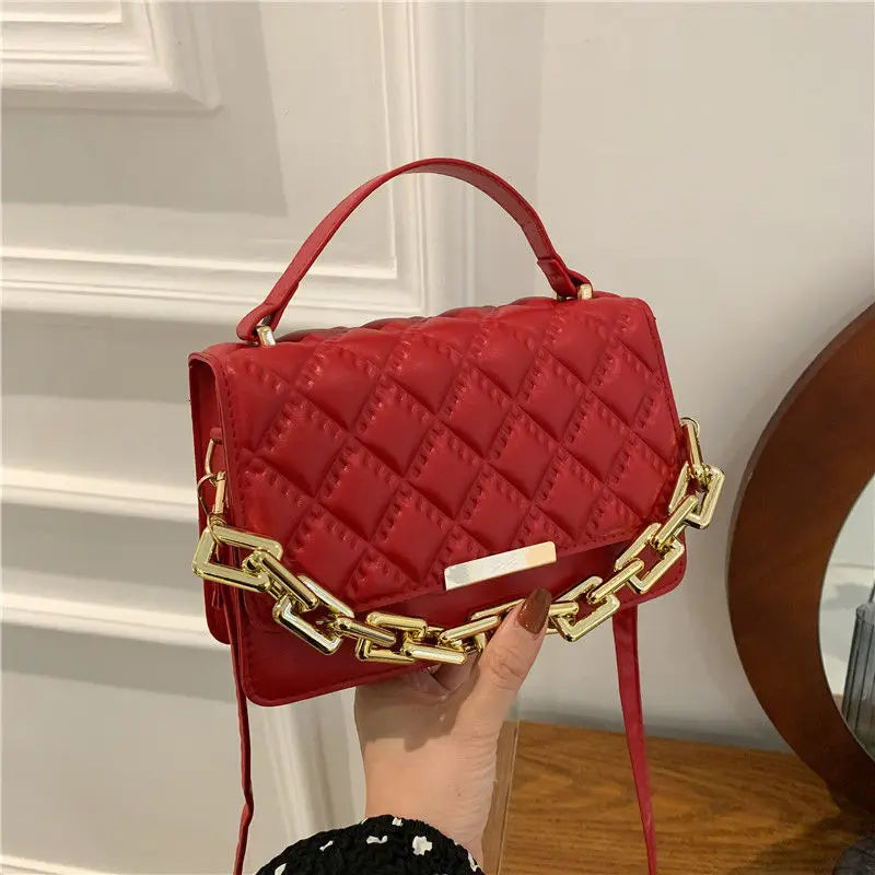 Red Brown Quilted Chain Shoulder Bag Leather Women'S Handbag