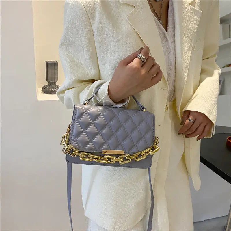 Red Brown Quilted Chain Shoulder Bag Leather Women'S Handbag