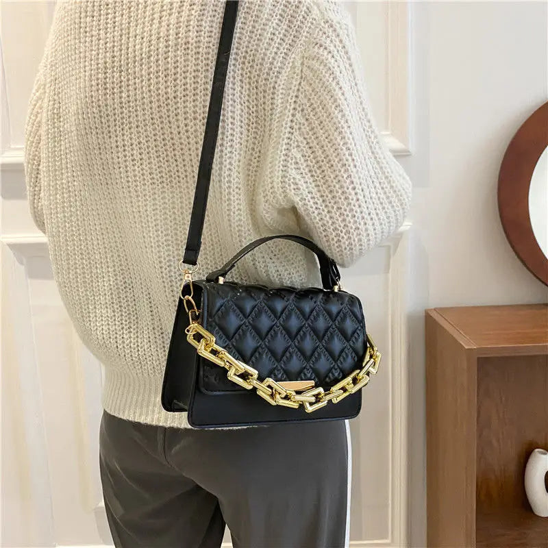 Red Brown Quilted Chain Shoulder Bag Leather Women'S Handbag