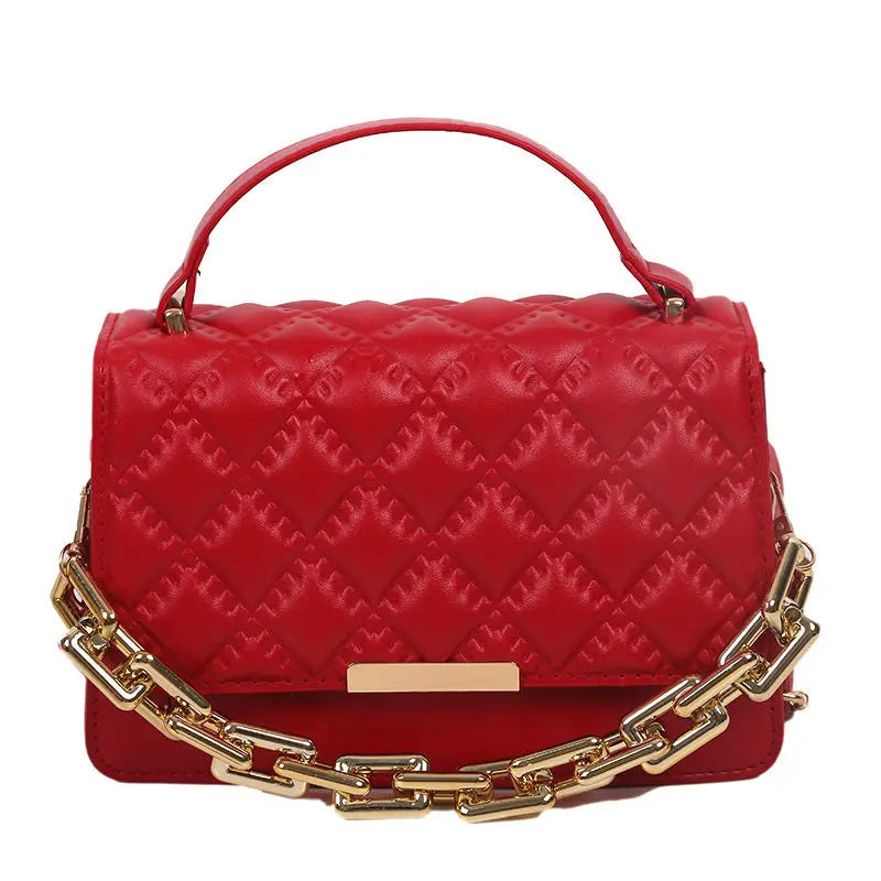 Red Brown Quilted Chain Shoulder Bag Leather Women'S Handbag