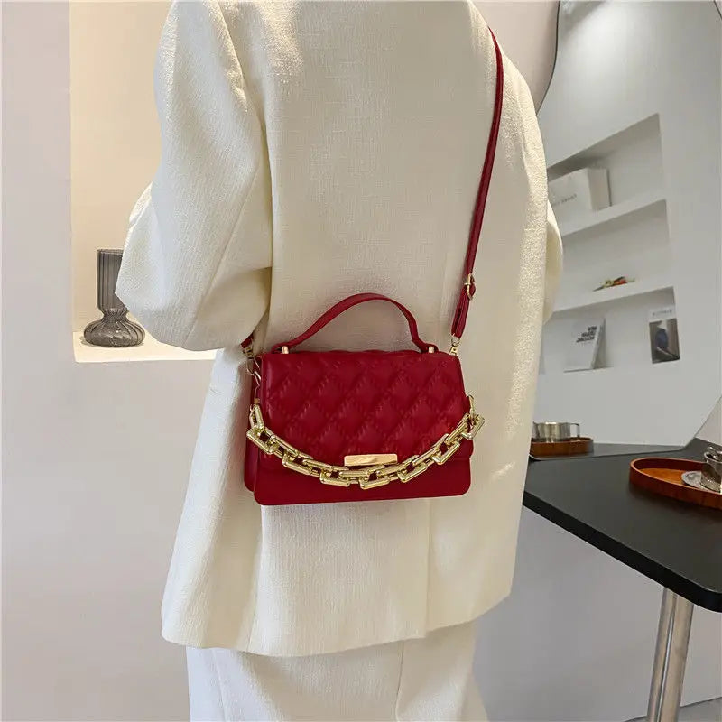 Red Brown Quilted Chain Shoulder Bag Leather Women'S Handbag