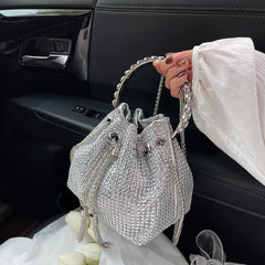 Diamonds Tassel Evening Clutch Bag Metal Ring Handle Crystal Bucket Purse