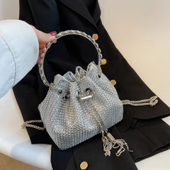 Diamonds Tassel Evening Clutch Bag Metal Ring Handle Crystal Bucket Purse