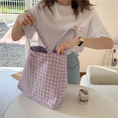 Double-sided Canvas Lattice Shoulder Bag 2-in-1 Handbag