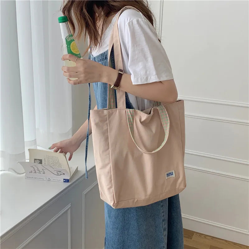 Double-sided Canvas Lattice Shoulder Bag 2-in-1 Handbag