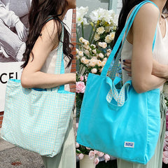 Double-sided Canvas Lattice Shoulder Bag 2-in-1 Handbag
