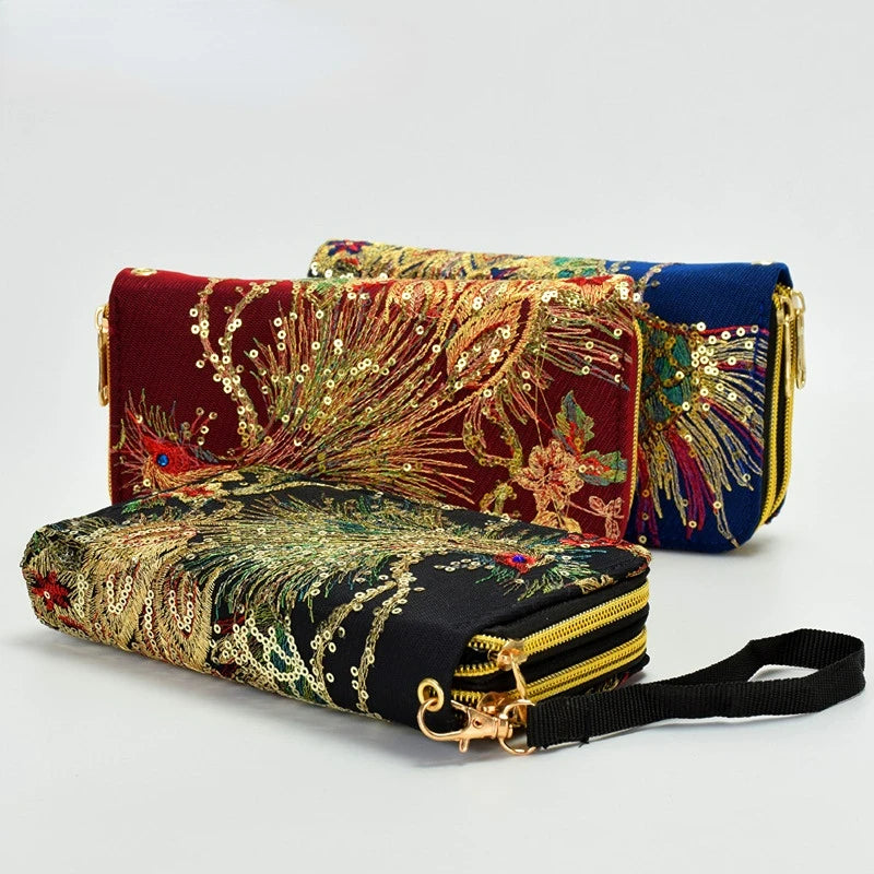 Embroidered Peacock Wallet with Long Zipper