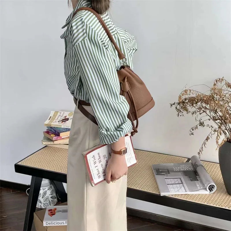 Drawstring Bucket Bag Autumn Winter Solid Textured Casual Messenger