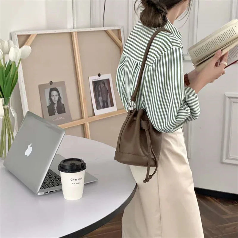 Drawstring Bucket Bag Autumn Winter Solid Textured Casual Messenger