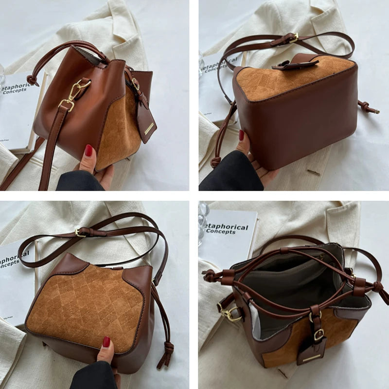 Small PU Leather Drawstring Bucket Bag Women Crossbody Shoulder Handbag