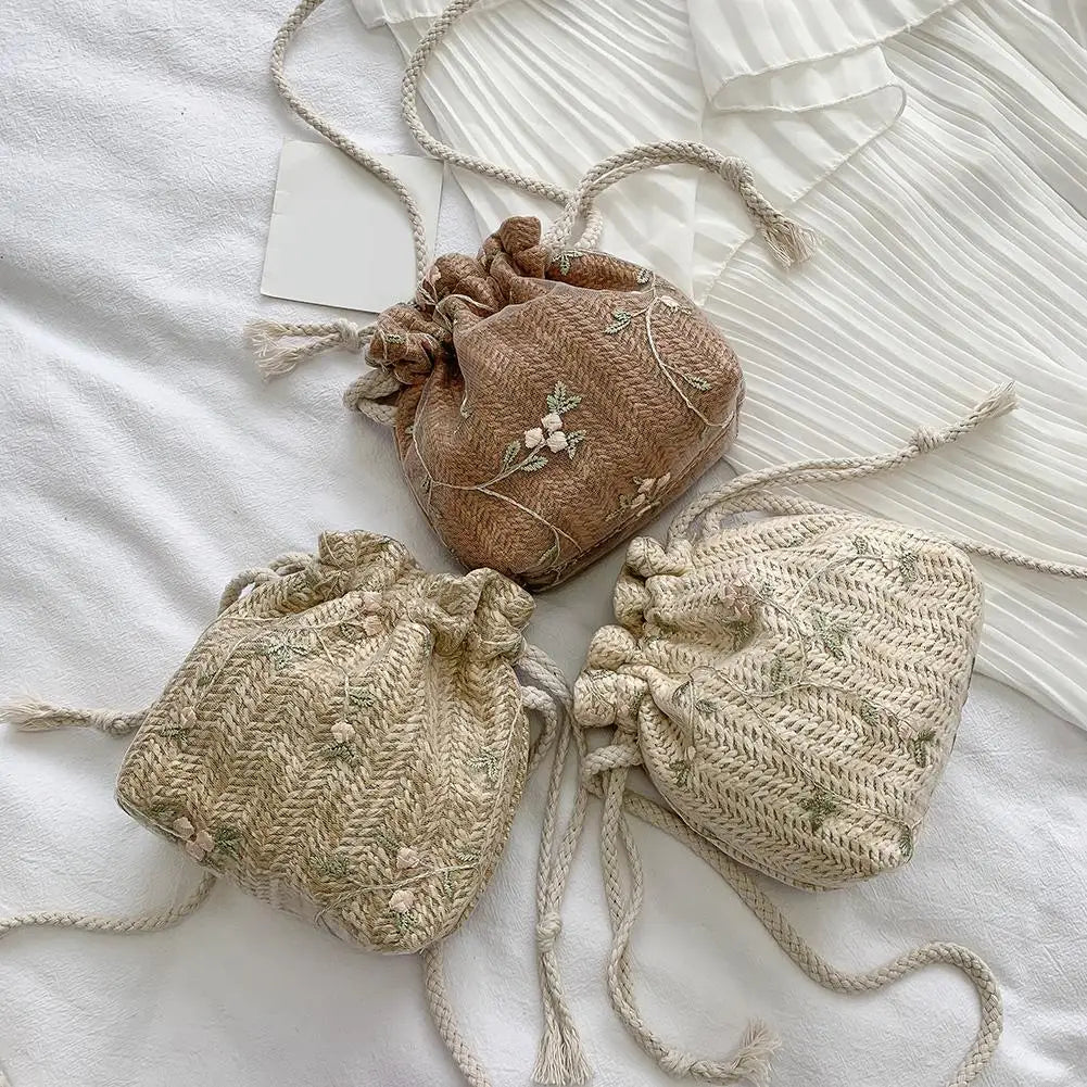 Straw Beach Bag Flower Embroidery Lace Crossbody