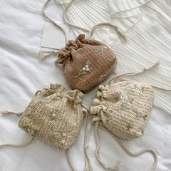 Straw Beach Bag Flower Embroidery Lace Crossbody