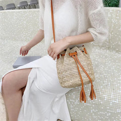Women's Straw Bucket Bag Summer Woven Shoulder Bags Beach Handbag