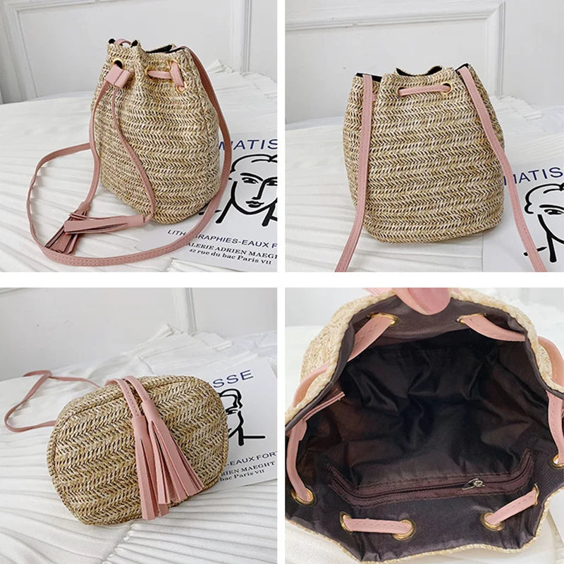 Women's Straw Bucket Bag Summer Woven Shoulder Bags Beach Handbag
