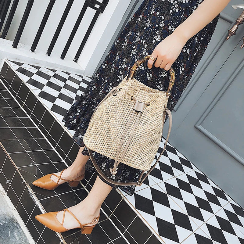 Women's Straw Bucket Bag Woven Shoulder Bags Beach Handbag