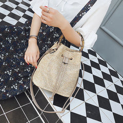 Women's Straw Bucket Bag Woven Shoulder Bags Beach Handbag