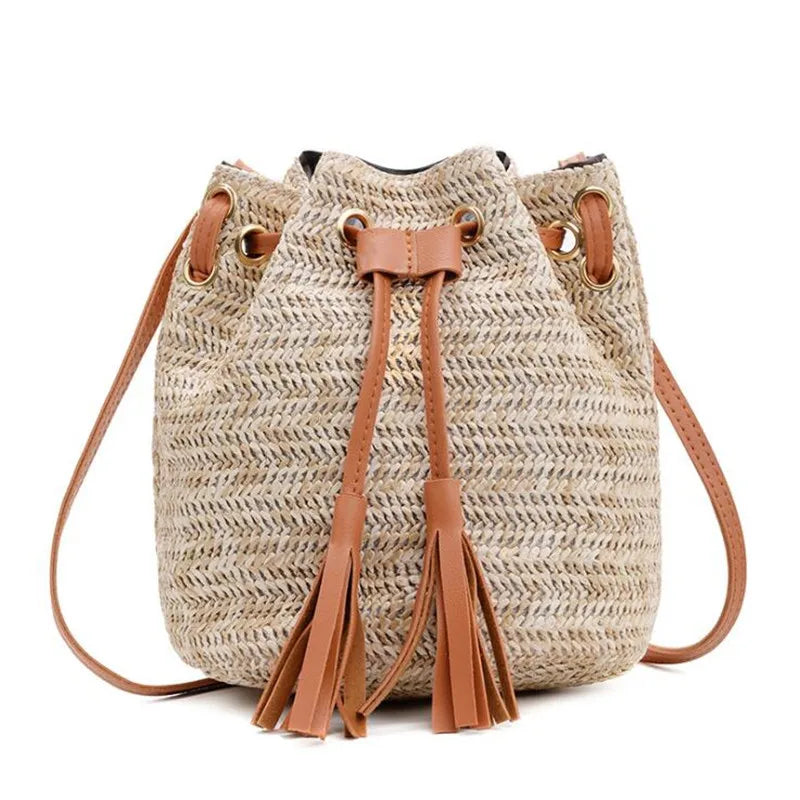 Women's Straw Bucket Bag Summer Woven Shoulder Bags Beach Handbag
