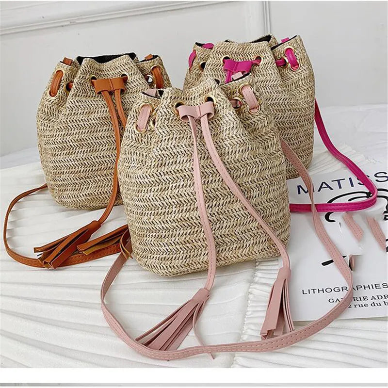 Women's Straw Bucket Bag Summer Woven Shoulder Bags Beach Handbag