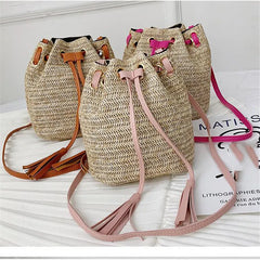 Women's Straw Bucket Bag Summer Woven Shoulder Bags Beach Handbag