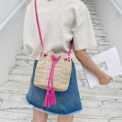 Women's Straw Bucket Bag Summer Woven Shoulder Bags Beach Handbag