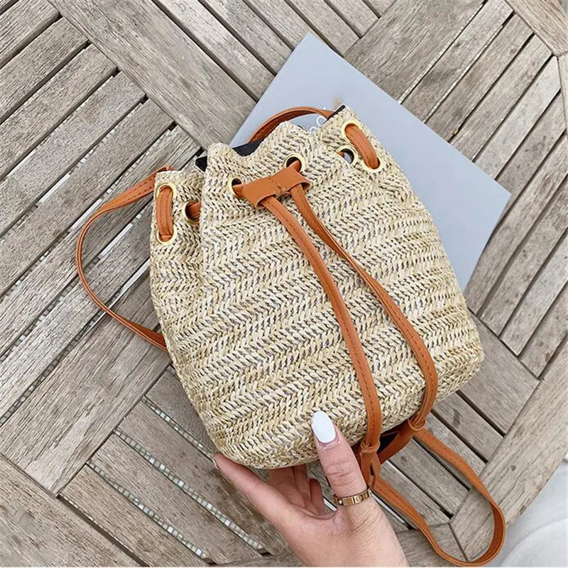 Women's Straw Bucket Bag Summer Woven Shoulder Bags Beach Handbag