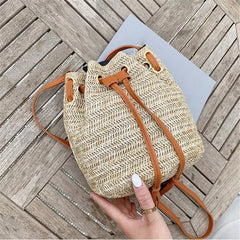 Women's Straw Bucket Bag Summer Woven Shoulder Bags Beach Handbag