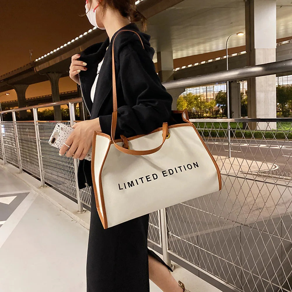 Large Capacity Women Shoulder Bags Handbags Contrast Canvas Tote Bags