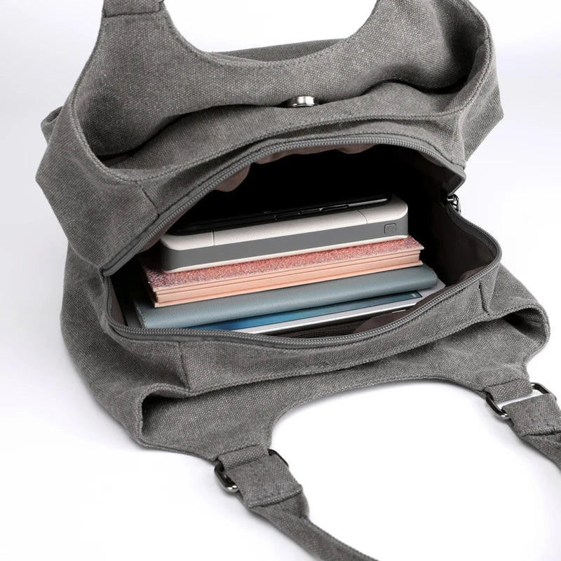 Canvas Women Shoulder Bag Multi-layer Pockets Casual Tote Shopping Hobos