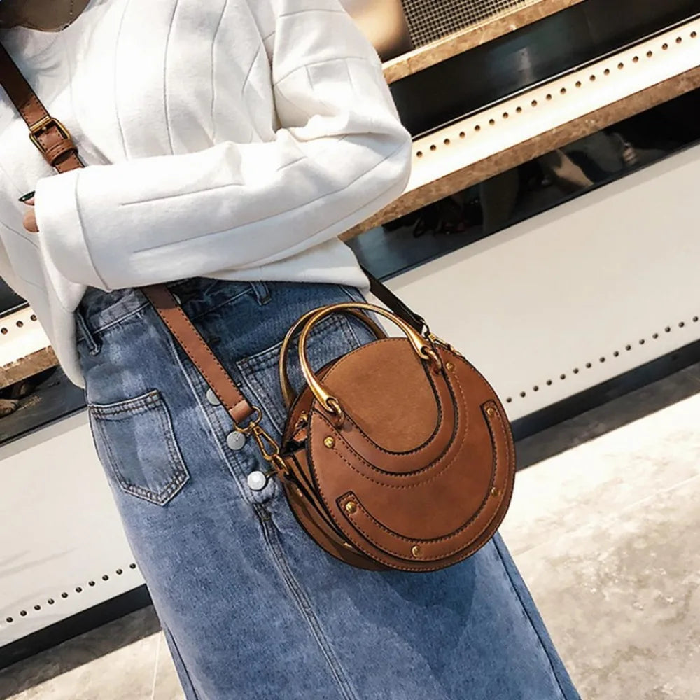Round Metal Ring Handbag Small Shoulder Bag Women Mini Circle Bag