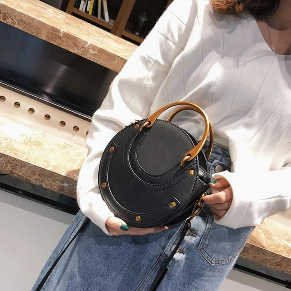 Round Metal Ring Handbag Small Shoulder Bag Women Mini Circle Bag