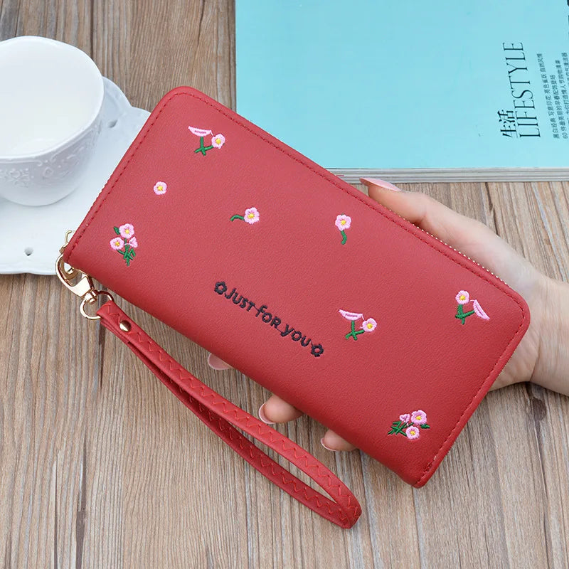 Embroidered Long Zipper Wallet Soft Leather Handbag for Women